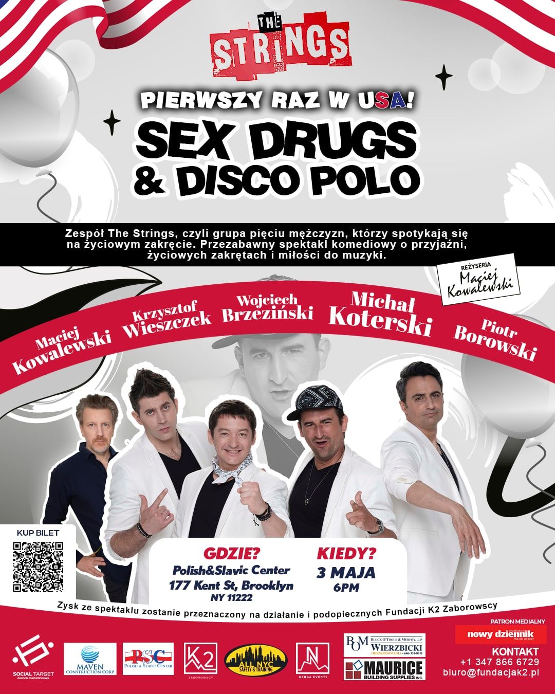 Plakat spektaklu „The Strings: Sex, Drugs & Disco Polo”, 3 maja 2025, Polish & Slavic Center na Brooklynie